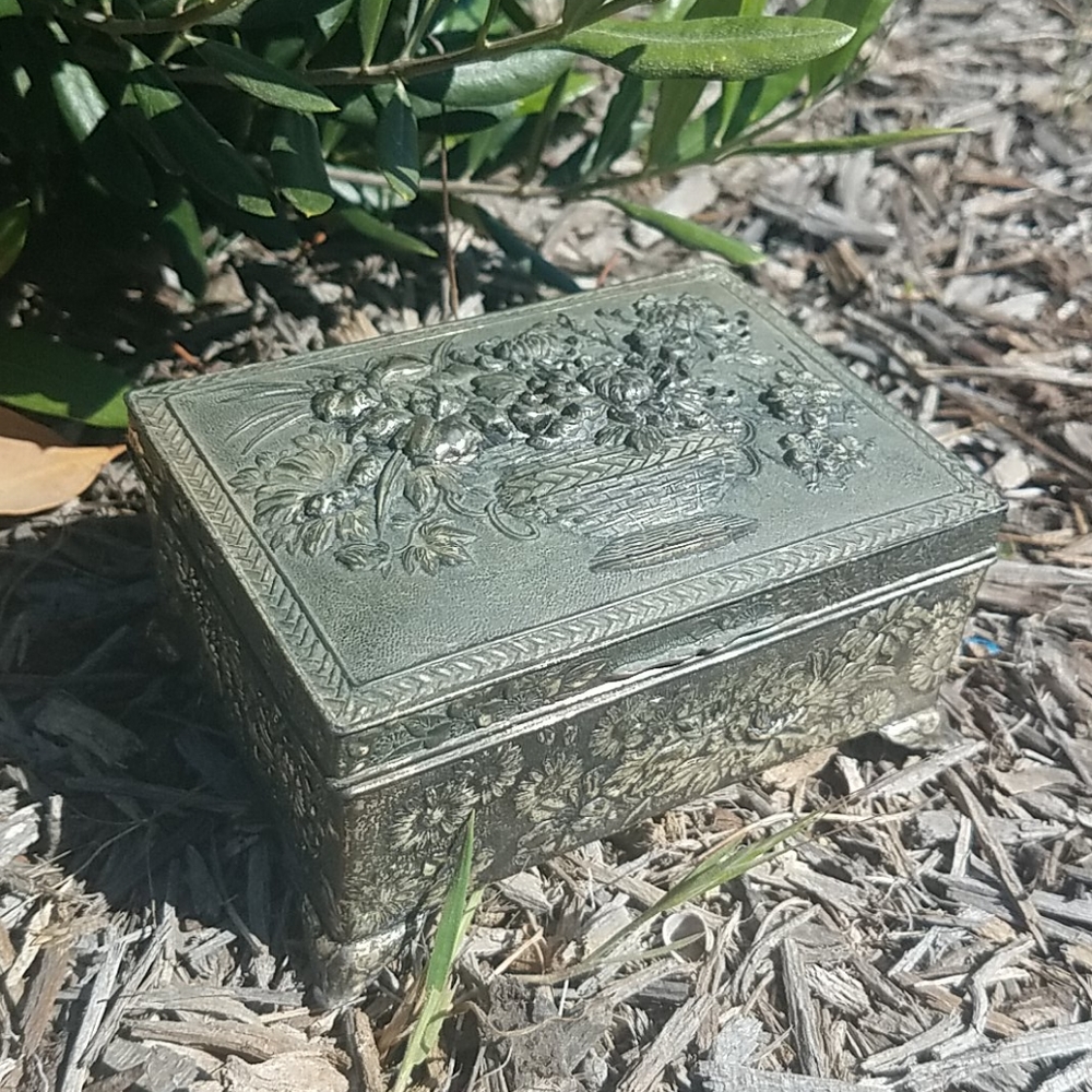 Vintage Silver Jewelry Trinket Box Japan Cast